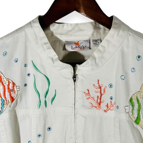 Quacker Factory Jacket Womens 2X Embroidered Tropical Fish Reef Zip Cotton White - Picture 5 of 14